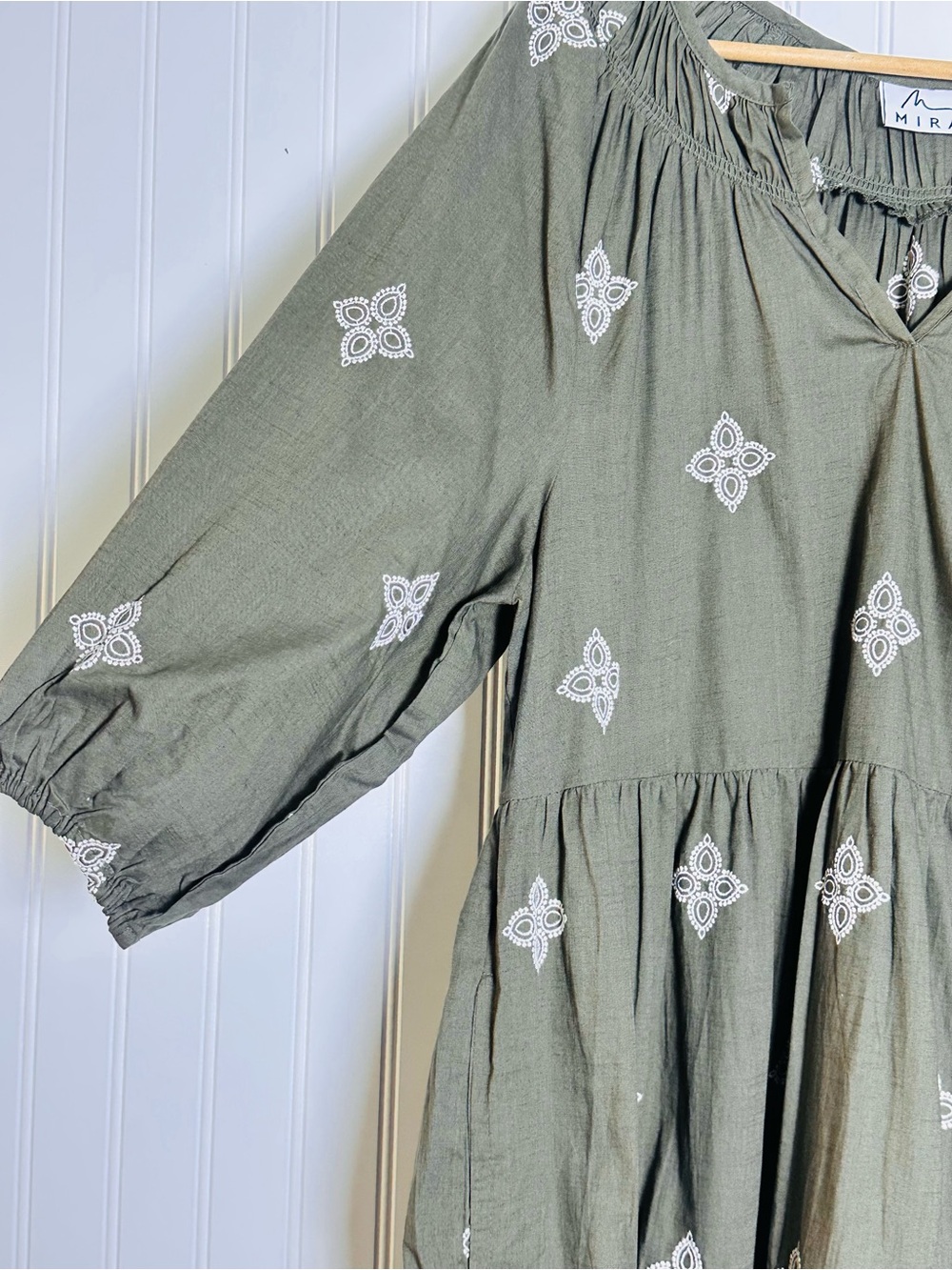 MIRA Cotton Gauze Olive Green Embroidered Tiered Dress  XXL 3/4 puffed sleeves - Picture 5 of 10